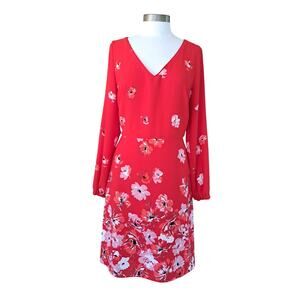 White House Black Market Red Floral Dress Size 12 Long Sleeve V-neck